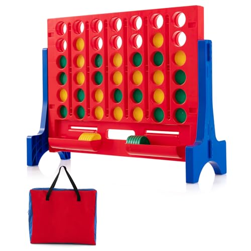 COSTWAY Giant 4-in-a-Row Game with Storage Carry Bag, Jumbo 4-to-Score Game w Chess, Quick Release Slider for Kids Adults, Indoor Outdoor Backyard Connect Game Set (Blue&Red) - color: Blue&red
