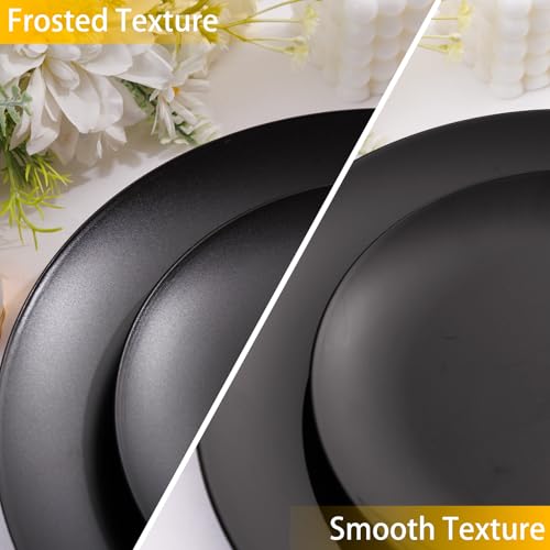 EI 150pcs Black Plastic Plates Frosted Plastic Plate,Premium Heavy Duty Black Plastic Plates,Black Disposable Plates with Plastic Silverware,10.25" Dinner Plates and 7.5" Dessert Plate Wedding Party - color: Black Frosted Plastic Plates