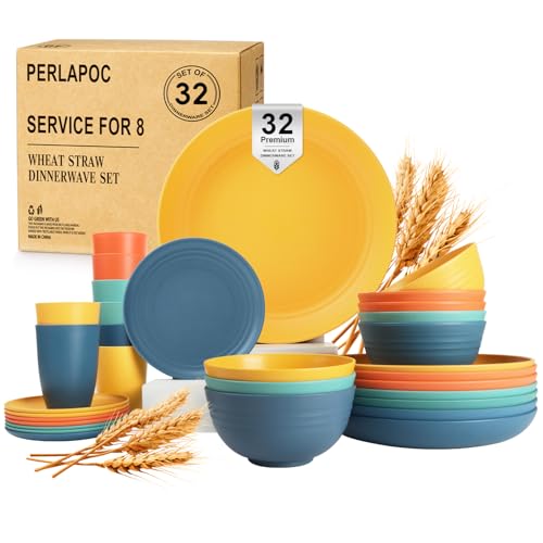 Wheat Straw Dinnerware Sets, Plates and Bowls Sets Unbreakable & Microwave Safe - 32 Piece Service for 8 Dinner Plate Dessert Plate Cereal Bowl Cup for Kitchen & Outdoor - Multi - color: Multicolor, size: 32 PCS