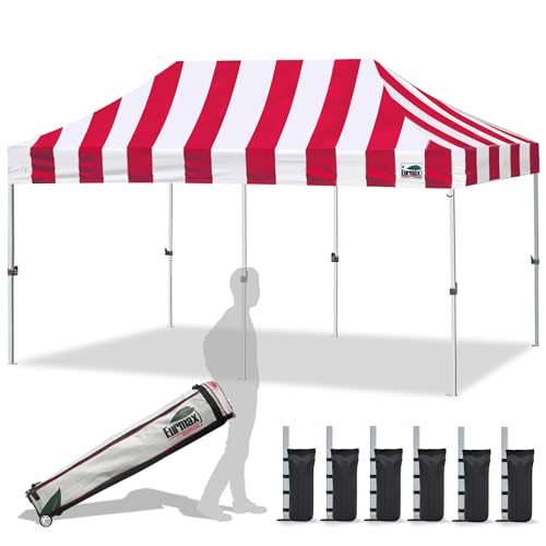 Eurmax USA 10x20ft Pop Up Canopy, Commercial Instant Tent for Outdoor Events, Patented No-Tip Rolling Storage Bag with 6 Sandbags,UV & Water Resistant,Heavy Duty Portable Shelter Gazebo,Stripe Red - color: Stripe Red, size: 10x20
