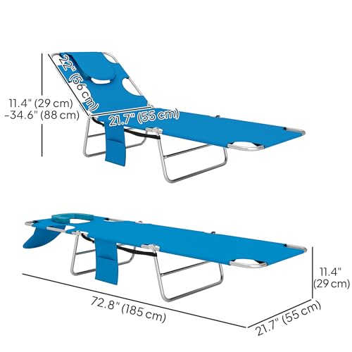 Outsunny Chaise Lounge Chair Outdoor with Face Arm Hole, 5-Position Reclining Face Down Tanning Chair with Carry Strap, Side Pocket, Portable Folding Bed Cot for Patio Beach Pool, Light Blue - color: Light Blue, size: 1 Piece