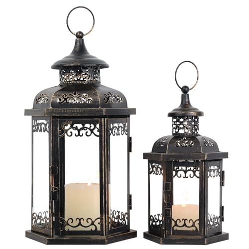 Large Lantern Decorative Outdoor & Indoor, Set of 2 (15’’&11’’) Metal Candle Lanterns Decor, Vintage Hanging Candle Holder for Front Porch Patio Wedding Farmhouse Home, Spring Decoration - color: Black / 14.7''h+11.2''h