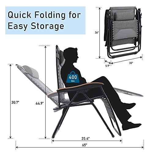 PHI VILLA XXL Oversized Padded Zero Gravity Chair Set of 2, Foldable Patio Recliner, 30" Wide Seat Anti Gravity Lounger with Armrest and Cup Holder, Support 400 LBS (Light Gray) - color: Light Gray, style: 2 Pcs