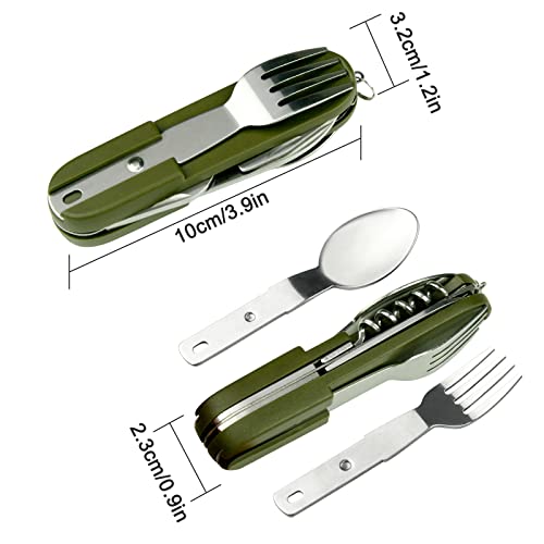 EZYoutdoor 7-in-1 Camping Utensils - Portable Stainless Steel Camping Fork Spoon Knife Set for Hiking, Picnics Outdoor Enthusiasts, and Travel - Essential Survival Utensil Tool Kit - color: Green