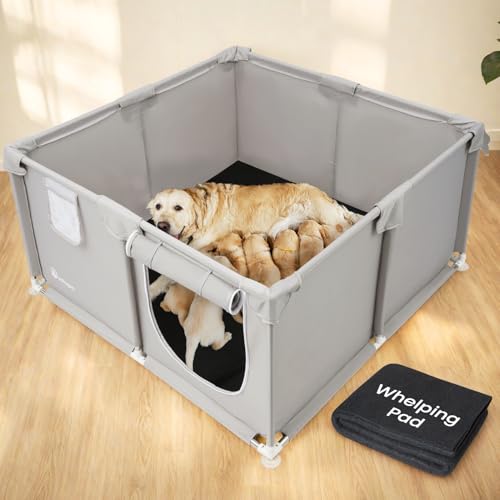 Whelping Box for Dogs - 50"L*50"W*25"H Dog Whelping Play Pen for Puppies,Pet Whelping Box Overall 600D Oxford Fabric with Absorbent Whelping Pad,Dog Birthing Box for Large Medium Small Dogs - color: gray-50*50*25inch