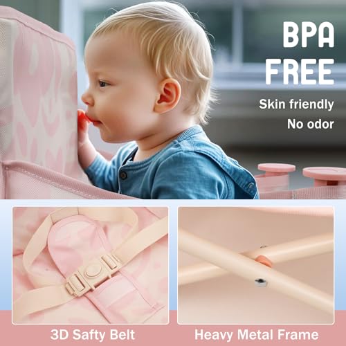 Tiny Marvels 3-in-1 Portable Baby Chair, Foldable Booster Seat with Removable Tray, Safety Harness & Carry Bag for Dining, Travel, Camping, Beach, 6M-3Y (Blush Bloom) - color: Blush Bloom