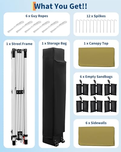 10X20 Pop Up Canopy Tent with 6 Sidewalls – Heavy Duty Commercial Instant Shelter, One-Person Quick Setup Outdoor Party Tent, Water-Resistant & Portable, Khaki - color: Khaki