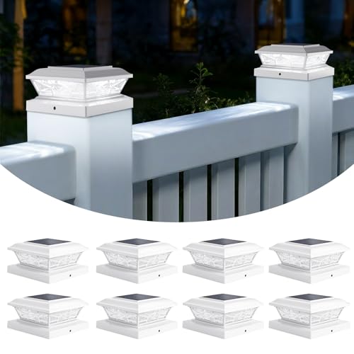 Brightever 4x4 3.5x3.5 Solar Post Cap Lights, 8-Pack Outdoor Solar Powered Fence Post Lights Fit Vinyl/Wood Posts, 2 Modes(Warm/Cool Light), Solar Waterproof Deck Post Lights for Garden, Patio, White - color: White, size: 8 Pack