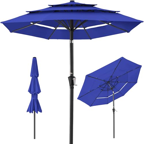 Best Choice Products 10ft 3-Tier Market Patio Umbrella, Outdoor Sun Shade with Tilt, Crank Lift, 8 Ribs for Backyard, Deck, Poolside - color: Resort Blue