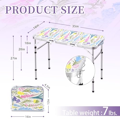Yriuat Folding Camping Table 3ft Portable Pinic Table Adjustable Height Small Card Table Aluminum Foldable Lightweight with Carry Handle for Outdoor Indoor Hiking Camp BBQ Beach (Blooming Floral) - color: Blooming Floral, size: 35"l X 16"w X 27"h
