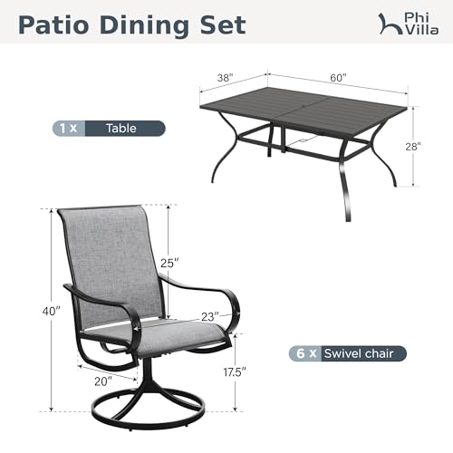 PHI VILLA Patio Dining Set for 6, Large Metal Table and 6 Outdoor Swivel Dining Chairs with Textilene Mesh Fabric, All Weather Patio Dining Furniture Set for Deck Lawn Garden (Gray) - color: Grey Fabric, size: 60"L x 38"W x 28"H-7 Piece-Metal
