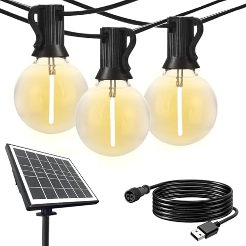 SUNTHIN 100ft Solar String Lights, USB Rechargeable Solar Outdoor Lights with 48 Waterproof & Shatterproof G40 LED Bulbs for Patio, Porch, Garden, Deck, Bistro, Cafe, Camping - size: 100 Feet