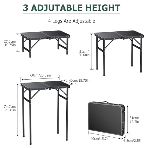 JiGiU Folding Camping Table Portable Pinic Table 3 Level Height Adjustable Aluminum Frame Small Foldable Camp Table Light Weight with Carry Handle for Outdoor Indoor Hiking Camp BBQ Beach