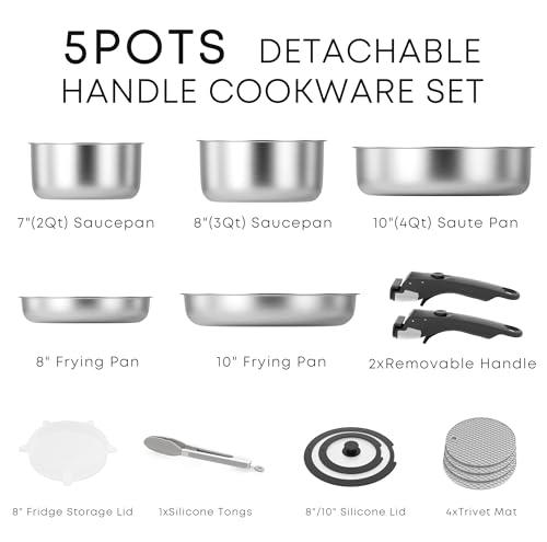 Caannasweis Detachable Nonstick Cookware Set - Stackable Induction Pots and Pans With Removable Handles, Dishwasher Safe - For RV Camping, Oven and Stovetop Use, 5 Pieces (Stainless Steel)