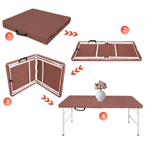 Portable 4Ft Folding Table, Heavy Duty Plastic Fold-in-Half Utility Foldable Table, Adjustable Height Plastic Folding Table with Carrying Handle for Camping &Party Indoor/Outdoor (Brown) - color: Brown, size: 4Ft