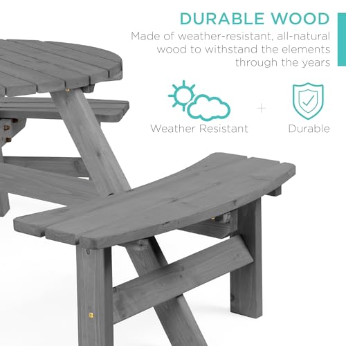 Best Choice Products 6-Person Circular Outdoor Wooden Picnic Table for Patio, Backyard, Garden, DIY w/ 3 Built-in Benches, 500lb Capacity - Gray - color: Grey