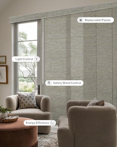 Graywind Manual Sliding Panels Natural Woven Panel Track Blinds Wand Control Window Blinds for Patio Sliding Glass Door Large Windows Width Up to 153", Custom Size (Terrazzo) - color: Natural Terrazzo