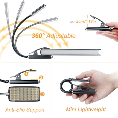 Gritin 9 LED Rechargeable Book Light for Reading in Bed -Eye Caring 3 Color Temperatures,Stepless Dimming Brightness,80 Hrs Runtime Small Lightweight Clip On Book Reading Light for Studying - color: Jet Black