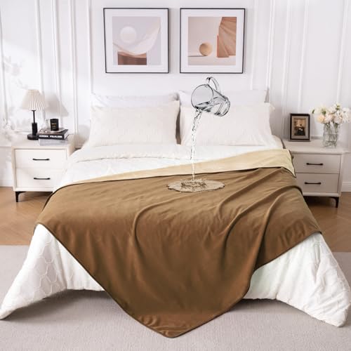 QiyI Waterproof Blanket for Bed Queen Size, Reversible Washable Pet-Friendly Flannel Throw Blanket, Leakproof Stain-Resistant Furniture Protector for Travel & Camping, 60"x80", Brown/Tan - color: Brown/Tan, size: 60"×80"