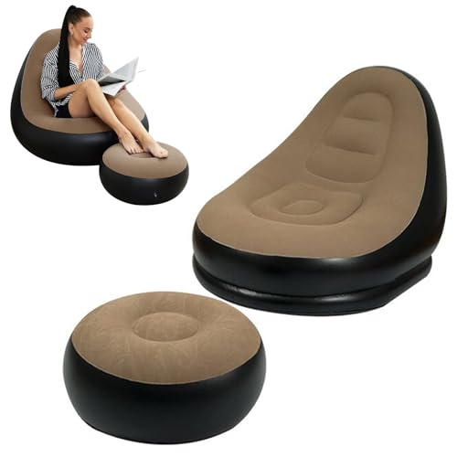 Inflatable Lounge Sofa with Foot Stool,Portable Flocking Recliner Chair Air Couch for Adult,PVC Blow Up Lounger Chair for Home Outdoor (Coffee(No Pump)) - color: Coffee(no Pump)