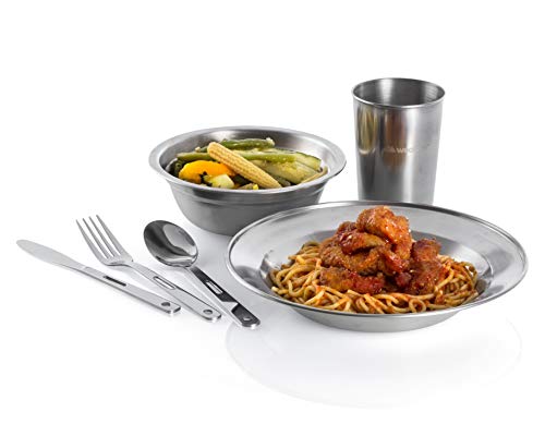 Wealers Unique Complete Messware Kit Polished Stainless Steel Dishes Set| Tableware| Dinnerware| Camping| Buffet| Includes - Cups | Plates| Bowls| Cutlery| Comes in Mesh Bags (4 Person Set) - color: Blue