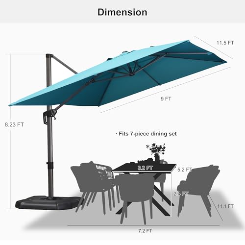 PURPLE LEAF 9' X 11.5' Patio Umbrella Outdoor Cantilever Rectangle Umbrella Aluminum Offset Umbrella with 360-degree Rotation for Garden Deck Pool Patio, Turquoise Blue - color: Turquoise Blue, size: 9' X 11.5', style: Standard