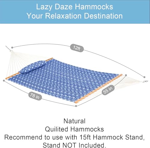 Lazy Daze Hammocks 12FT Quilted Fabric Hammock with Soft Pillow, Double 2 Person Tree Hammock with Spreader Bar for Outdoor Patio Backyard Poolside, 450lbs Weight Capacity, Blue Floral - color: Blue Floral