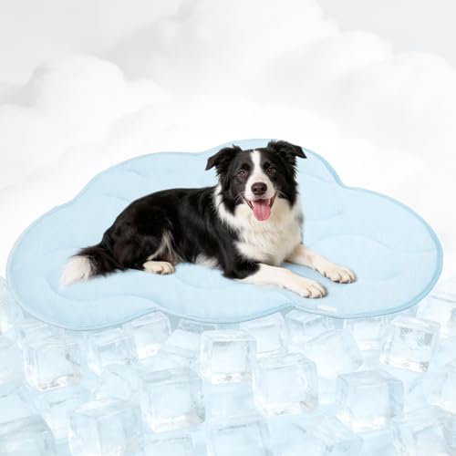 BECEMURU Dog Cooling Mat, Thickened Soft Pet Cooling Pad for Summer, 45"x30" Could-Shape Pet Bed for Crate Kennel Sofa, Non-Gel Coolness, Machine Washable & Durable - Keep Pet Cool and Comfortable - color: Blue Cloud-Shape, size: L: 45" L x 30" W x 0.8"Th
