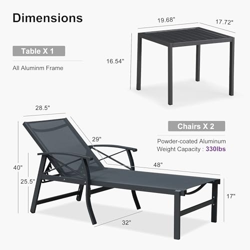 PURPLE LEAF Oversized Chaise Lounge Chair Outdoor Set of 2 Extra Wide Pool Lounge Chairs 5 Adjustable Position with Armrests and Side Table Aluminum Patio Lounge Chair for Outside Beach Pool, Grey - color: Grey, size: Oversized