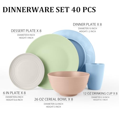 40 PCS Wheat Straw Dinnerware Sets Unbreakable Dishes Set for 8 Plastic Plates and Bowls Sets with Cups Dishwasher & Microwave Safe - Colorful - color: Colorful, size: 40 PCS