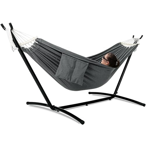 GAFETE Double Hammock with Stand for Outside, Upgraded Spreader Bar, Heavy Duty Space Saving Steel Stand 2 Person, Side Pocket, Easy Assembly, 600lbs Weight Capacity, Indoor & Outdoor (Dark Grey) - color: Dark Grey