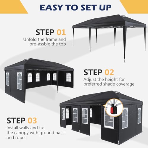 EROMMY 10x20 Heavy Duty Pop Up Canopy Tent with 6 Removable Sidewalls, Waterproof UV50+ Gazebo with Mosquito Netting, Easy Setup Instant Shelter for Backyard, Party, Wedding & Commercial Use, Black - color: Black, size: 10’x 20’
