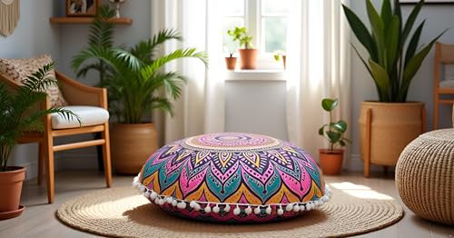 CRAFT KALA 22" Round Mandala Boho Pillow Cover Meditation Room Seating Poufs Cover for Living Room Yoga Room Home Bedroom Balcony Garden Party Decoration Cotton Floor Cushion Cover 22", New Pink Ombre - color: New Pink Ombre, size: 22"