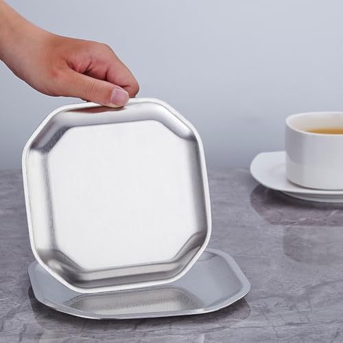 SANQIAHOME 5.1x5.1 inch square Appetizer Plates,thick stainless steel Dinner Plates, Pasta Dessert Plates for Sushi, Fruit oven/Dishwasher Safe, Set of 4,silver - color: Silver, size: 5.1x5.1 in