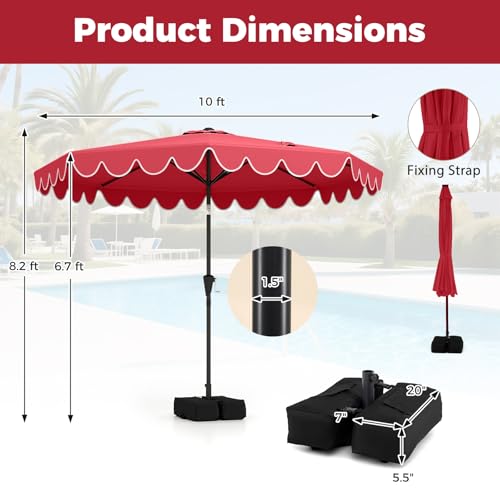 Tangkula 10 FT Patio Umbrella with Base Included, 2-Tiers Outdoor Scalloped Table Umbrella with 2 Sandbags, Tilt Adjustment, Crank, 8 Ribs for Market Backyard Pool Deck Beach Lawn - color: Wine, size: 10 FT