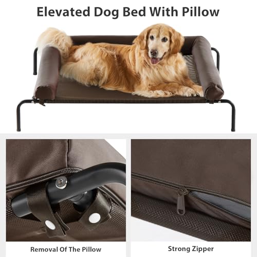 RRPETHOME Large Elevated Cooling Dog Bed, Raised Dog Cot Beds for Large Dogs, Elevated Outdoor Pet Cot, Chew Proof Portable Cooling Pet Cot with Skid-Resistant Feet and Breathable Mesh - color: Brown, size: 43.0"l X 31.0"w X 8.0"th