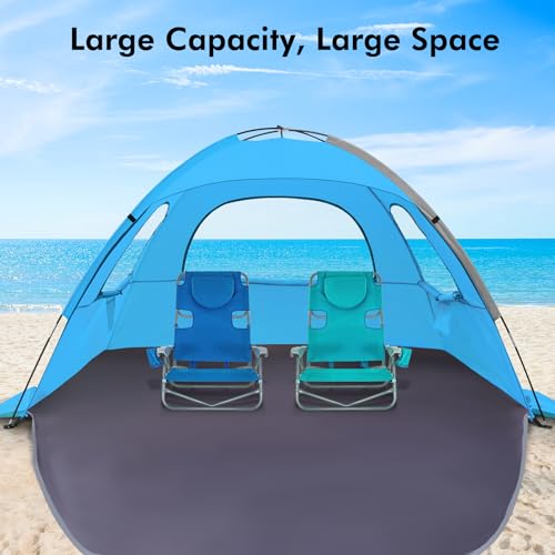 WhiteFang Beach Tent Anti-UV Portable Sun Shade Shelter for 3/4/6/8 Person, Extendable Floor with 3 Ventilating Mesh Windows Plus Carrying Bag, Stakes and Guy Lines - color: Blue, size: 4 Person