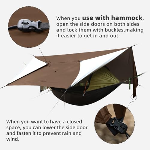 Ultralight Tarp, 14ft Hammock Rain Fly Lightweight Waterproof Camping Tent Tarp with Doors, Bushcraft Tarp Shelter for Backpacking Hiking Camping - color: Coyote Brown