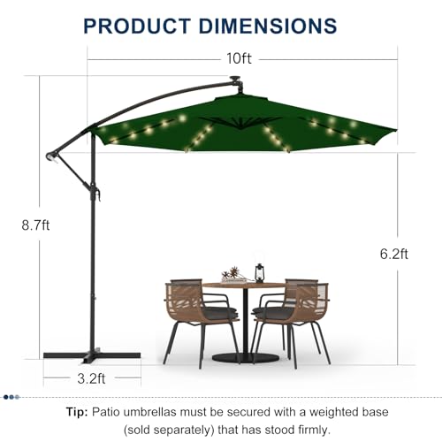 10FT 40-LED Solar Lighted Patio Umbrella, Outdoor Offset Cantilever Umbrella, Crank and Cross Bar, Infinite Tilt, UV Protection for Backyard, Lawn, Garden & Pool - color: Green, size: 10FT 40LED (Offset Umbrella)