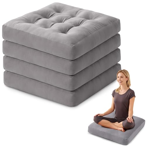 Meditation Floor Pillow Set of 4, Square Large Pillows Seating for Adults, Meditation Cushion Pillow,Tufted Corduroy Cushion for Tatami Living Room or Yoga, Light Gray, 22x22 Inch - color: Light Gray