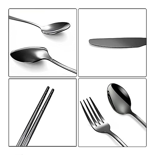 Travel Utensils, 18/8 Stainless Steel 4pcs Cutlery Set Portable Camp Reusable Flatware Silverware, Include Fork Spoon Chopsticks with Case (black) - color: Black - 4 PCs - Chopsticks