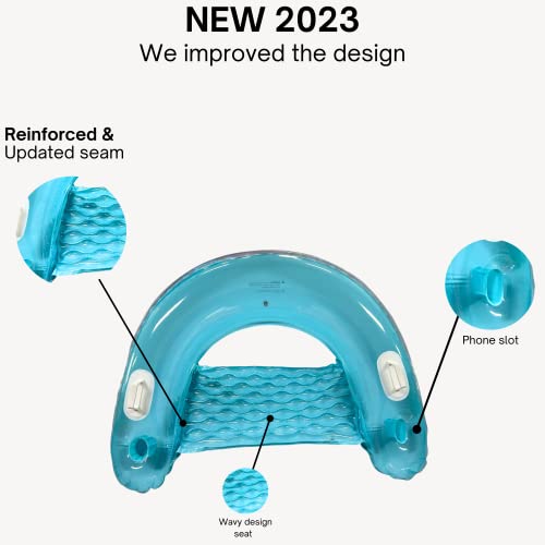 Inflatable Pool Chair Float (2 Pack) Pool Floats Adult Size with Drink & Phone Holder - Heavy Duty Lounger Floating Recliner Blow Up Floaties Hammock Noodle Water Floaty Lake Beach Tanning Float
