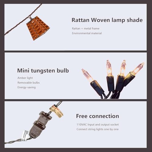 Outdoor-String-Lights-Waterproof, Boho Lantern String Lights for Patio, Garden, Porch, Balcony, Gazebo Decorative (PP Rattan) - style: Rattan
