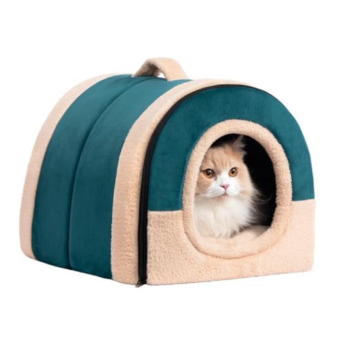 Hollypet Cat Bed Self-Warming 2 in 1 Foldable Kitty Cave Hut House Nest Pet Sleeping Bed, Crystal Velvet Pet Condo for Indoor Cats, Green Arched Cave - color: Green Arched Cave