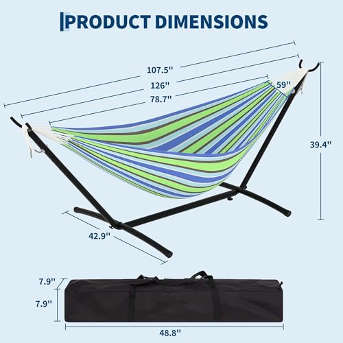 Double Hammocks with Stand for Outside, Portable Space Saving Heavy-Duty Steel Stand for Indoor Outdoor Patio with Carrying Bag, 450 lbs Capacity - color: Blue and Green Stripes