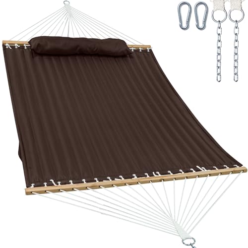 GAFETE Hammock 2 Person Quilted Fabric Hammocks for Outside, Double 12ft Hammocks with Spreader Bar, Large Removable Pillow, Storage Bag, Carabiners, Max 475 lbs Capacity (Coffee) - color: Coffee