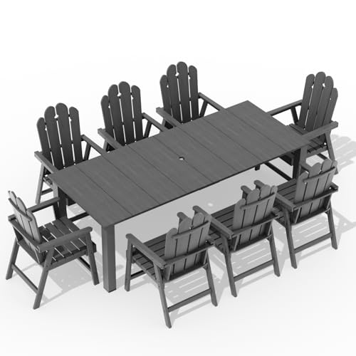 9-Piece Patio Dining Set, Outdoor Dining Set for 8, Large HDPE All-Weather Outdoor Furniture with 89.57” Umbrella Hole Table, 8 Armchairs, Gray - color: Grey, size: 8 Armchairs