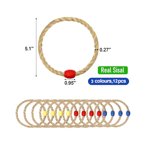 12 Pack Multicolor Sisal Rope Ring Toss Game Replacement Parts for Adults and Kids, Outdoor Toss Rings for Agility Practice and Speed/Yard/Lawn Games for Party (3 Colors-Red Yellow Blue)