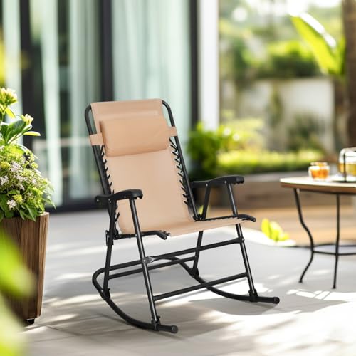 Amazon Basics Outdoor Portable Folding Rocking Chair with Headrest, Ergonomic Design, Weather-resistant Patio Reclining Lounge Chair for Porch, 33.6 x 37.4 x 26 inch, Beige - color: Beige