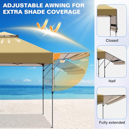 EAGLE PEAK 17x10 Pop up Gazebo Canopy Tent Outdoor Instant Canopy Shelter with Adjustable Dual Half Awnings (Beige) - color: Beige